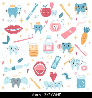 Set vettoriale di denti kawaii, spazzolini, dentifricio e filo interdentale. Denti con differenti emoji. Simpatici personaggi dei cartoni animati. Concetto di cura dentale. Illustrazione Vettoriale