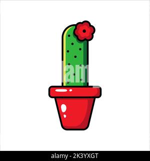 Illustrazione piatta di un cactus fiorito verde in una pentola rossa. Adesivo vettoriale, pin. Illustrazione Vettoriale