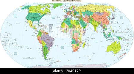 Mappa del mondo politico in alto dettaglio proiezione terrestre uguale Illustrazione Vettoriale