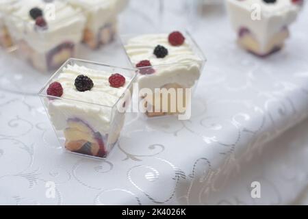 Crema bianca e budino di frutta decorato con lamponi e more Foto Stock