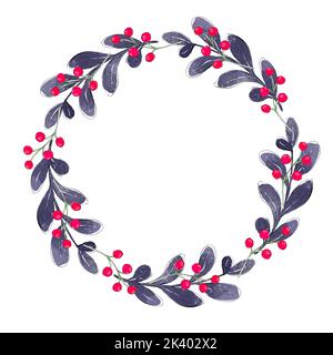 Wreath di Natale di acquerello. Rami di verde, fiori e bacche rosse. Isolato su sfondo bianco. Foto Stock