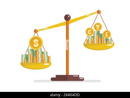 La forza del dollaro statunitense si confronta con un'altra valuta su scala di saldo. Concetto di scambio commerciale. Illustrazione vettoriale Illustrazione Vettoriale
