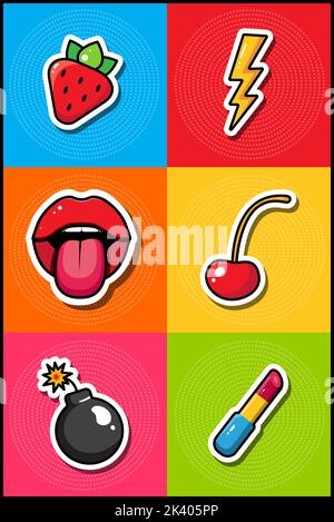 Set vettoriale di immagini in stile pop art. Confezione di adesivi labbra e lecca, fragola e, ciliegia e rossetto. Su un colorato sfondo retrò. Stickerpack, banner, poster. Illustrazione Vettoriale