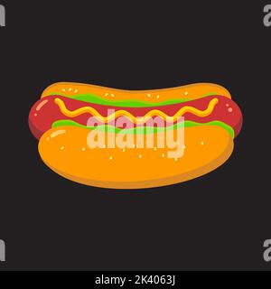 Immagine cartoon di un hot dog su sfondo scuro. Illustrazione vettoriale. Illustrazione Vettoriale