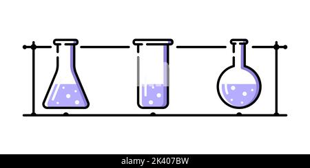 Matracci in vetro per chimica. Gruppo di diversi tubi di vetro. Illustrazione Vettoriale
