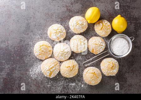 Primo piano di crostini al limone cosparsi di zucchero a velo primo piano sul tavolo vista orizzontale dall'alto Foto Stock