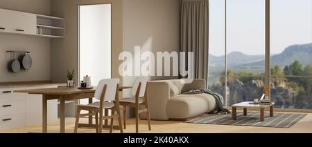 Attico di lusso moderno o spazioso appartamento soggiorno con sala da pranzo design interno con comodo divano, tavolo da pranzo, angolo cottura e casa Foto Stock