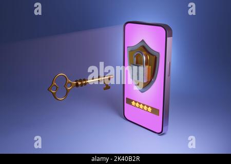 Il telefono cellulare mostra uno scudo, un campo di immissione della password e un lucchetto che viene aperto con una chiave dorata. Cybersicurezza dei telefoni cellulari e di Internet Foto Stock