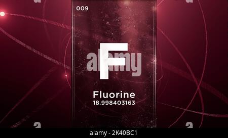 Elemento chimico del simbolo del fluoro (F) della tabella periodica, animazione 3D sullo sfondo del disegno Atom Foto Stock