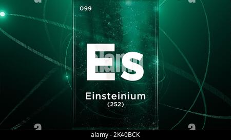 Einsteinium (es) elemento chimico simbolo della tavola periodica, animazione 3D su sfondo di disegno atomico Foto Stock