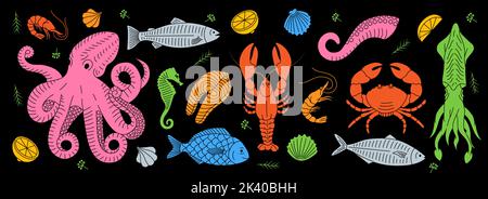 Set di pesce disegnato a mano. Banner linea di animali marini. Illustrazione orizzontale del menu dei pasti a base di pesce. Pesci, aragoste, calamari, polpi, granchi, gamberi, filetto di pesce. Illustrazione Vettoriale
