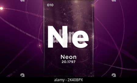 Elemento chimico del simbolo del neon (NE) della tavola periodica, animazione 3D sullo sfondo del disegno atomico Foto Stock
