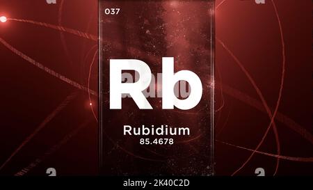 Elemento chimico del simbolo del rubidio (Rb) della tavola periodica, animazione 3D sullo sfondo del disegno atomico Foto Stock