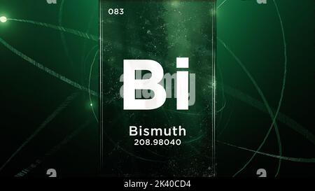 Elemento chimico del simbolo del bismuto (Bi) della tavola periodica, animazione 3D sullo sfondo del disegno Atom Foto Stock