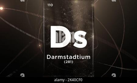 Darmstadtium (DS) simbolo elemento chimico della tavola periodica, animazione 3D su sfondo di disegno atomo Foto Stock