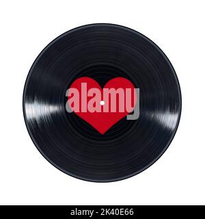 Foto di Black Vinyl Record con centro a forma di cuore vuoto che può essere etichettato, isolato su sfondo bianco. Foto Stock