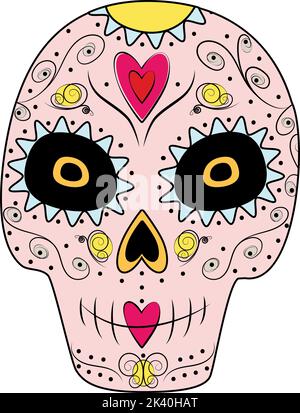 Giorno dei morti. Dia de los muertos. Messico. Teschio di zucchero con elementi floreali di contorno in tonalità trendy su sfondo trasparente. Adesivo, icona. Ideale per poster, biglietti, inviti, prezzi Illustrazione Vettoriale