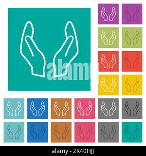 Mani di protezione vuote delineano icone piatte multicolore su sfondi quadrati semplici. Sono incluse le variazioni delle icone bianche e scure per il passaggio al mouse o per l'eff. Attivo Illustrazione Vettoriale