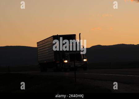 Camion che attraversa una foresta di una strada di montagna Foto Stock