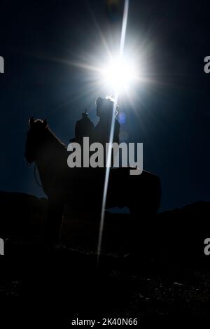 I cacciatori di aquile mongoli, nelle colline rocciose della regione dell'Altai in Mongolia, vivono un gruppo di cacciatori con una competenza estremamente rara: La caccia al golde Foto Stock