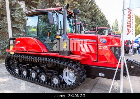 Samara, Russia - 24 settembre 2022: Cingolato moderno Belarus 2103 trattore alla fiera agroindustriale Volga annuale Foto Stock