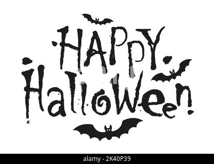 Banner di Halloween con testo isolato su sfondo bianco. Carattere di stile horror con volanti pipistrelli vampiro e happy Halloween testo Illustrazione Vettoriale
