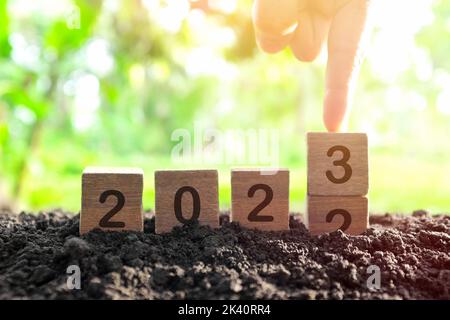 Mano che cambia anno 2022 a 2023 in blocchi di legno cubetti con pianta crescente all'alba. Anno nuovo 2023, Hope, Hello e Arrivederci Concept. Foto Stock