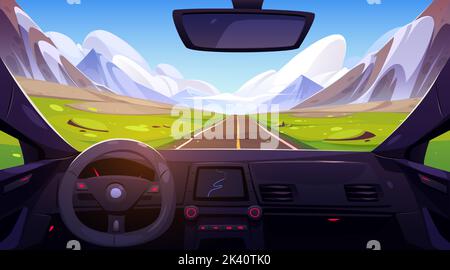 Strada nella valle di montagna vista dall'interno dell'auto attraverso il parabrezza. Paesaggio paesaggio con rocce e campi verdi. Autostrada diritta, strada asfaltata in prospettiva altopiano, Cartoon vettore illustrazione Illustrazione Vettoriale