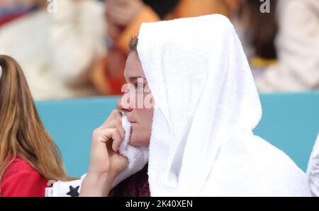 Sydney, Australia. 29th Set, 2022. Il belga Kyara Linskens sembra sconsolato nel corso di una partita di basket tra la nazionale belga The Belgian Cats e l'Australia, giovedì 29 settembre 2022 a Sydney, Australia, un quarto di finale alla FIBA Women's Basketball World Cup. La 19th edizione della Coppa del mondo FIBA Women's Basketball 2022 si svolge dal 22 settembre al 01 ottobre a Sydney, Australia. BELGA PHOTO VIRGINIE LEFOUR Credit: Agenzia Notizie Belga/Alamy Live News Foto Stock