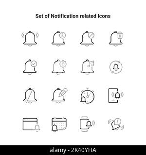 Semplice set di icone vettoriali lineari relative alle notifiche. Elementi di interfaccia. Illustrazione Vettoriale