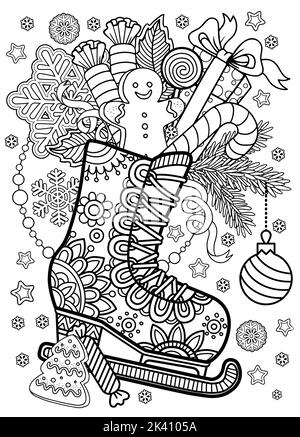 Pattini di ghiaccio con motivo in stile mandala con regali di Babbo Natale. Libro da colorare vettoriale per gli adulti, e disegno di Natale Illustrazione Vettoriale