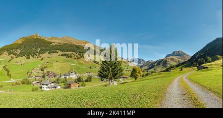 Un piccolo villaggio nella valle di Schanielenbach, Pratigau *** Caption locale *** Sankt Antönien, Graubünden, Svizzera, paesaggio, campo, prato, tre Foto Stock