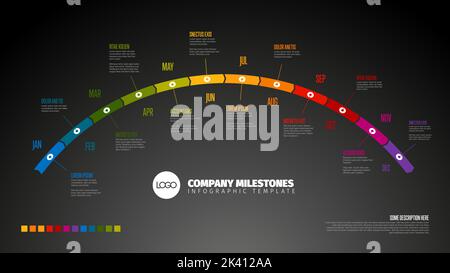 Modello di timeline dell'anno completo con tutti i mesi su una linea temporale ad arco orizzontale come etichette colorate con nomi di mesi e alcune descrizioni su gra scuro Illustrazione Vettoriale