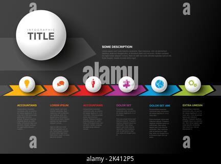 Modello di passi di progresso scuro vettoriale realizzato da sei sfere chiare con icone, descrizioni e frecce arcobaleno colorate timeline nel backgro grigio scuro Illustrazione Vettoriale