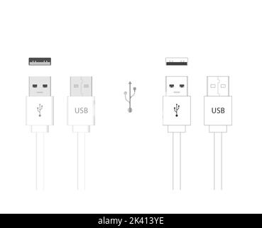Illustrazione vettoriale del cavo USB. Trasferimento dati e cavo di ricarica. Set di icone e simbolo USB. Immagine grafica Illustrazione Vettoriale