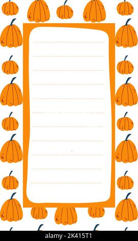 Carino modello di elenco di note vettoriali per i bambini. Scheda di memoria sullo sfondo con zucche arancioni in stile cartoon disegnato a mano. Illustrazione vettoriale colorata per st Illustrazione Vettoriale