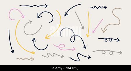 Insieme di frecce disegnate a mano, curve morbide. Illustrazione vettoriale Illustrazione Vettoriale
