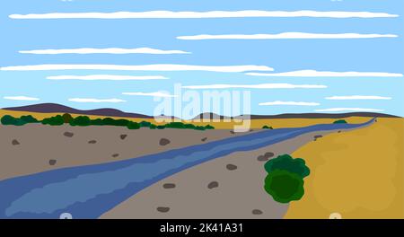 Paesaggio estivo con un fiume, cespugli, erba. Zona ecologicamente pulita con cielo blu e nuvole. Paesaggio verde con campi gialli. Vettore Illustrazione Vettoriale