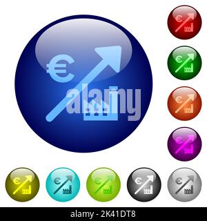 Centrale elettrica in crescita europea icone dei prezzi in euro su pulsanti rotondi in vetro in più colori. Struttura di livello disposta Illustrazione Vettoriale