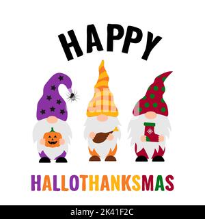 Hallothanksma felice. Cute Halloween Thanksgiving gnomes di Natale. Modello vettoriale per poster tipografici, banner, cartoline, magliette, ecc. Illustrazione Vettoriale