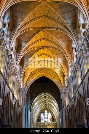 Southwark Cathedral, Londra. Tetto della navata nel sole invernale Foto Stock