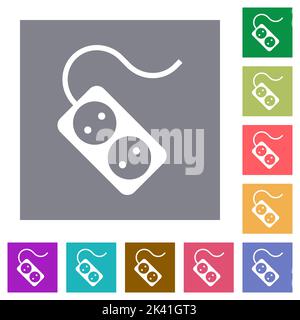 Presa elettrica portatile con due connettori femmina e icone piatte con cavo su sfondi quadrati di colore semplice Illustrazione Vettoriale
