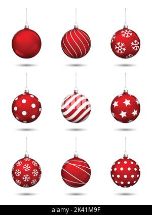 Palline di natale rosso decorazione isolato su sfondo bianco. Illustrazione Vettoriale