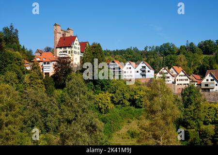 Berneck (parte di Altensteig) nella Foresta Nera settentrionale: Vista della città con il castello sopra il lago Köllbach, distretto di Calw, Baden-Württemberg, Germania Foto Stock