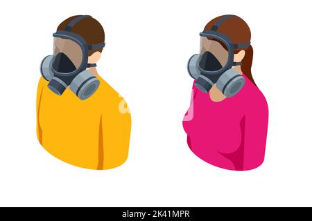 Concetto di inquinamento isometrico dell'ambiente. Uomo e donna in maschere a gas in città. Inquinamento atmosferico da factory. Inquinamento atmosferico da factory Illustrazione Vettoriale