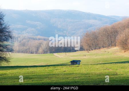 Vecchio cottage di fogli sulla montagna Foto Stock