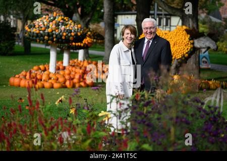 Beelitz, Germania. 29th Set, 2022. Il presidente tedesco Frank-Walter Steinmeier e sua moglie Elke Büdenbender si trovano tra aiuole e zucche durante una visita al 2022° Salone dei Giardini di Stato di Beelitz . Lo spettacolo orticolo statale si svolgerà sotto il motto "Garden Festival for All the Senses" dal 14,04 al 31.10.2022 nella città di Beelitz, nel Brandeburgo, a sud-ovest di Berlino. Credit: Bernd von Jutrczenka/dpa/Alamy Live News Foto Stock