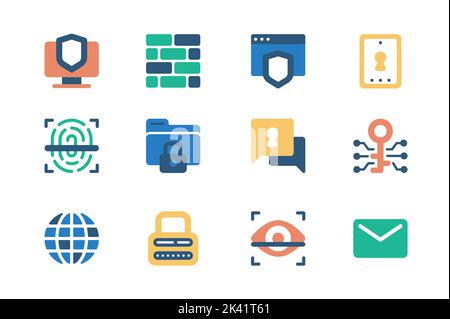Il concetto di sicurezza informatica delle icone Web è caratterizzato da un design semplice e piatto. Confezione di protezione, accesso, sicurezza, scansione delle impronte digitali, password, cartella, e-mail, dati Illustrazione Vettoriale