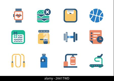 Concetto di fitness di icone web in un semplice design piatto. Confezione di orologio, dieta sana, peso, palla, piscina, addestramento, fune salta, sacco punzonatura Illustrazione Vettoriale