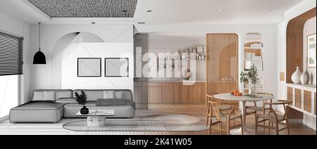 Architetto Interior designer Concept: Progetto disegnato a mano incompiuto che diventa reale, vista panoramica della moderna cucina in legno, sala da pranzo e soggiorno Foto Stock